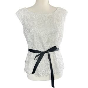 Alex Evenings Top Petite Women Sz MP White Soutache Overlay Sash Formal Blouse